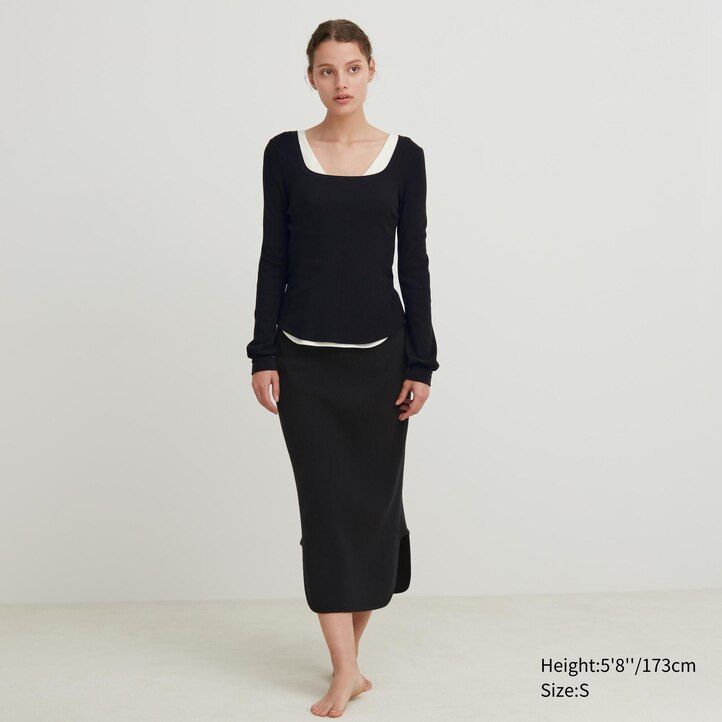 magliette termiche da donna uniqlo heattech extra warm waffle con scollo quadrato e maniche corte nere