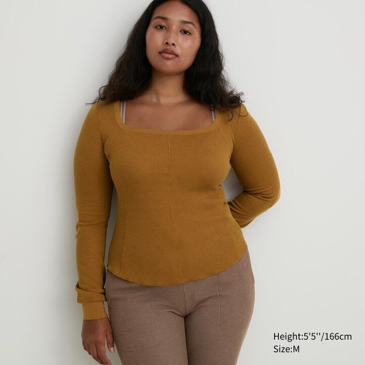 magliette termiche da donna uniqlo heattech extra warm waffle con scollo quadrato e maniche corte nere