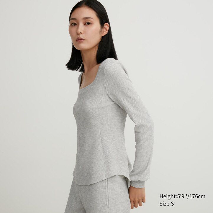 magliette termiche da donna uniqlo heattech extra warm waffle con scollo quadrato e maniche corte nere