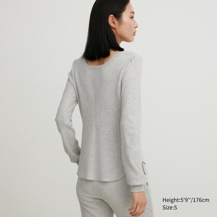 magliette termiche da donna uniqlo heattech extra warm waffle con scollo quadrato e maniche corte nere