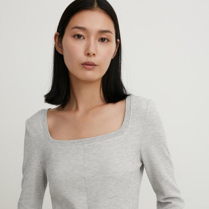 magliette termiche da donna uniqlo heattech extra warm waffle con scollo quadrato e maniche corte nere