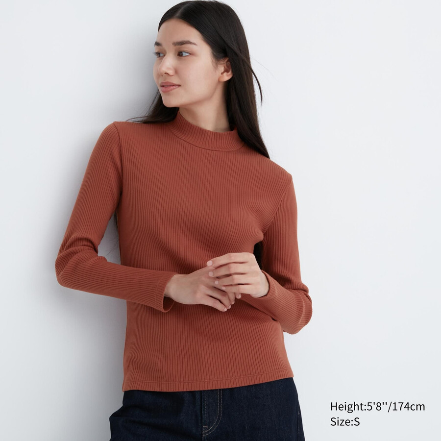 magliette a maniche lunghe con collo alto a coste uniqlo da donna arancione scuro