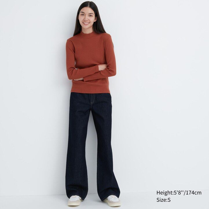 magliette a maniche lunghe con collo alto a coste uniqlo da donna arancione scuro