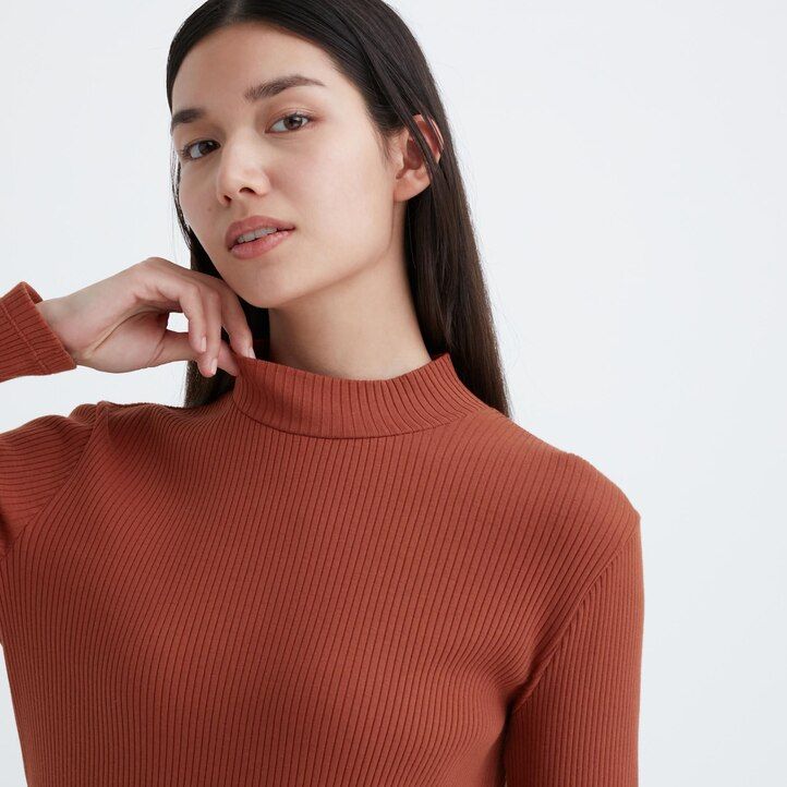 magliette a maniche lunghe con collo alto a coste uniqlo da donna arancione scuro