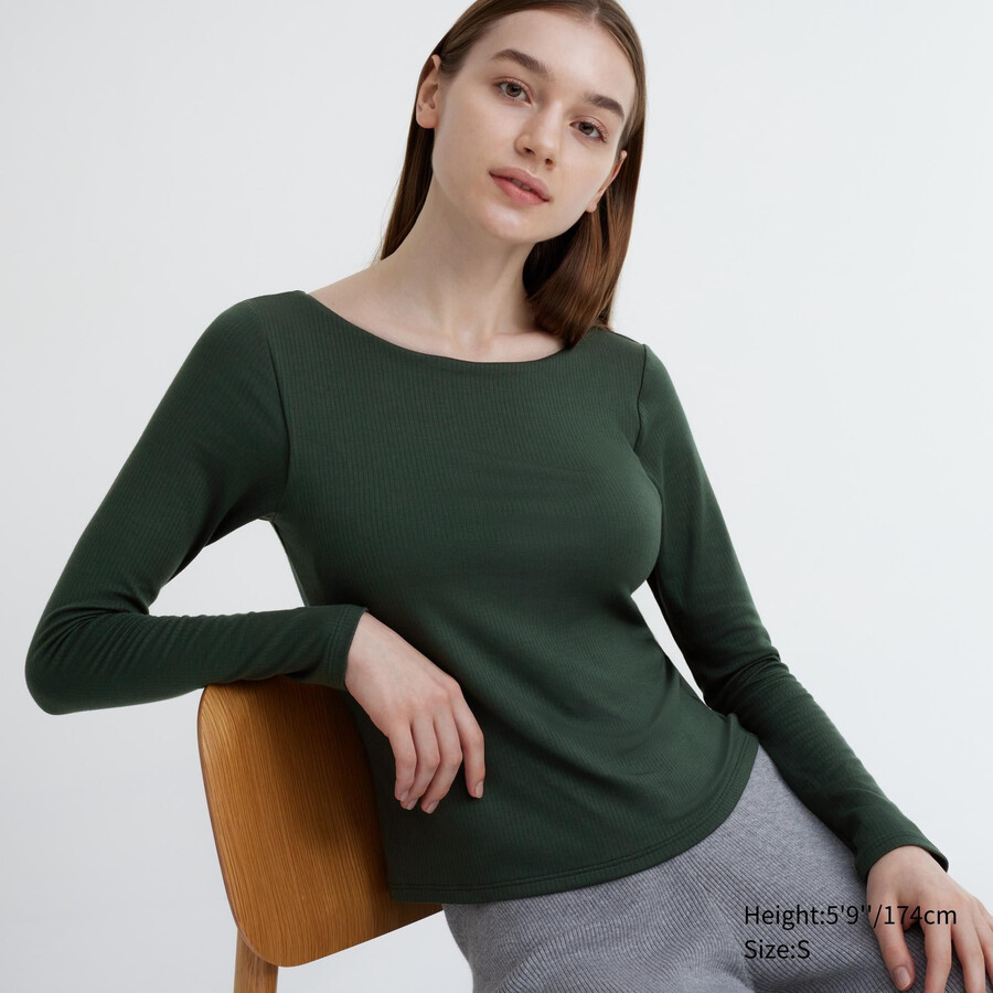magliette termiche da donna uniqlo heattech con scollo a barchetta e maniche a coste colore verde scuro