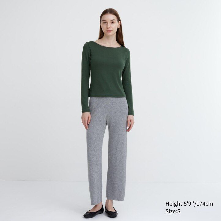 magliette termiche da donna uniqlo heattech con scollo a barchetta e maniche a coste colore verde scuro