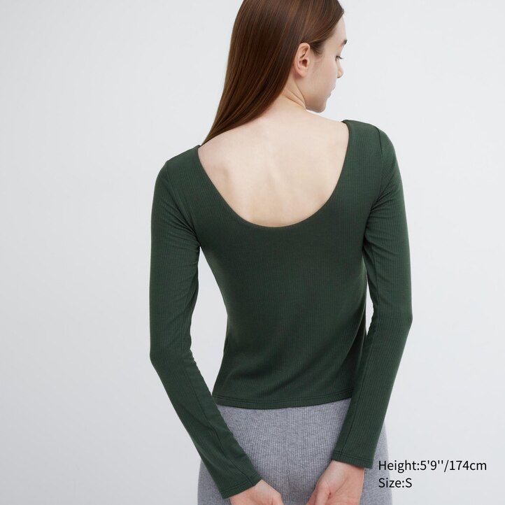 magliette termiche da donna uniqlo heattech con scollo a barchetta e maniche a coste colore verde scuro