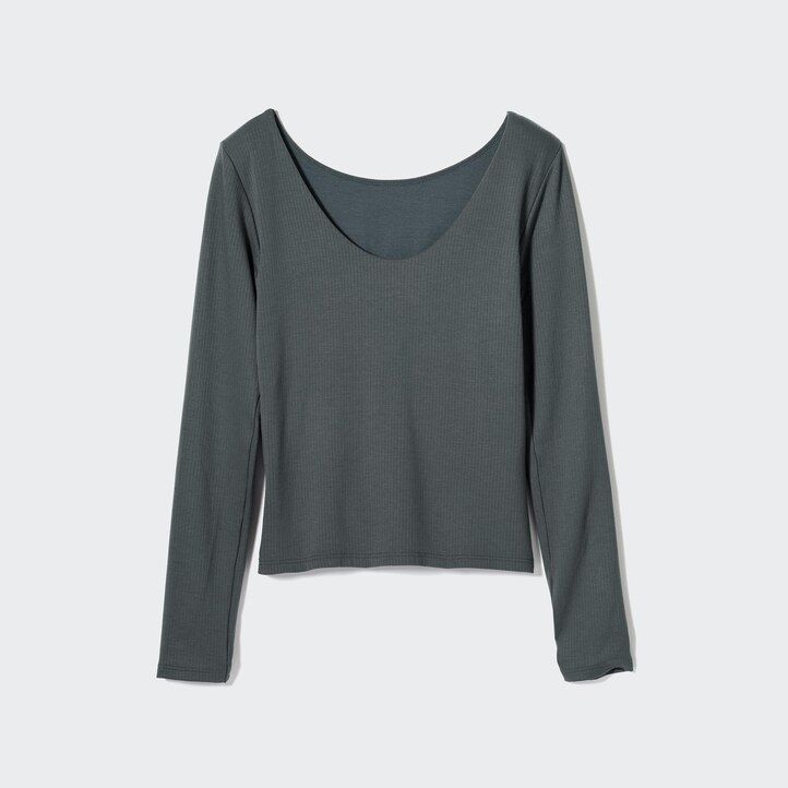 magliette termiche da donna uniqlo heattech con scollo a barchetta e maniche a coste colore verde scuro