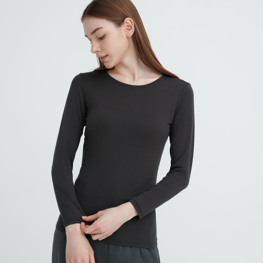 magliette termiche a maniche lunghe con scollo rotondo uniqlo heattech da donna colore grigio scuro