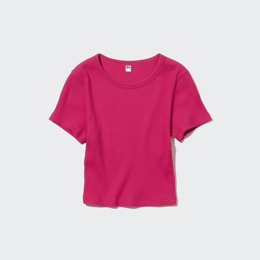 magliette da donna uniqlo rosa a coste corte con scollo rotondo