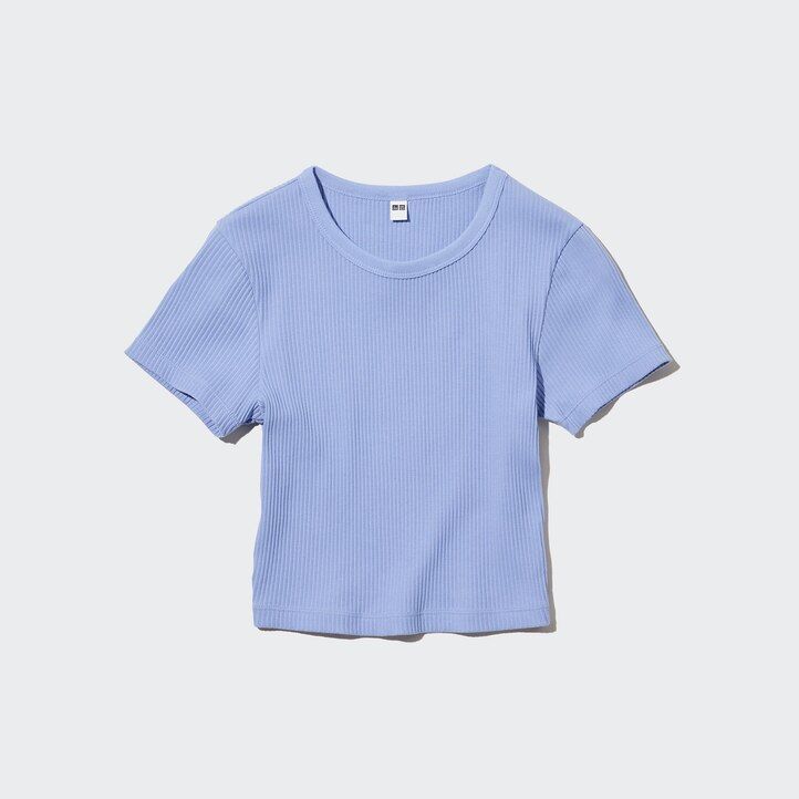 magliette da donna uniqlo rosa a coste corte con scollo rotondo