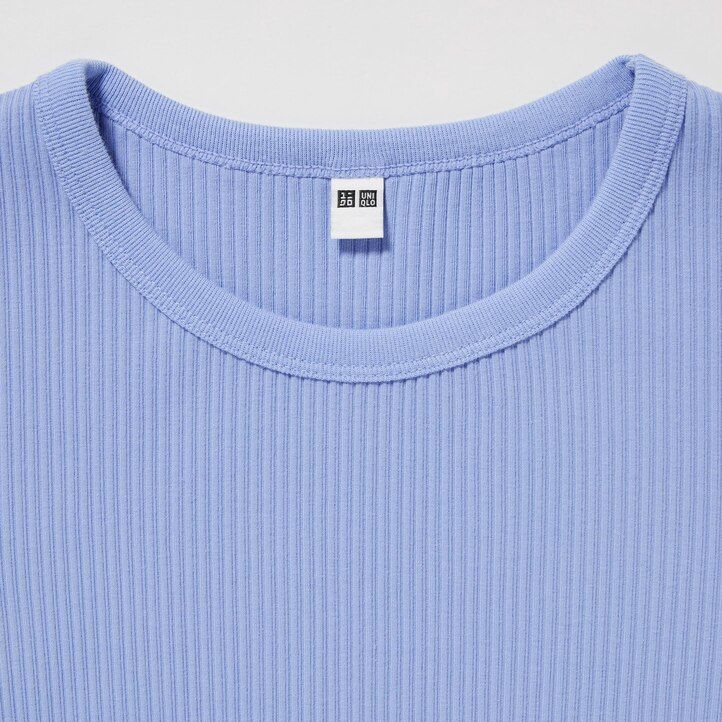 magliette da donna uniqlo rosa a coste corte con scollo rotondo