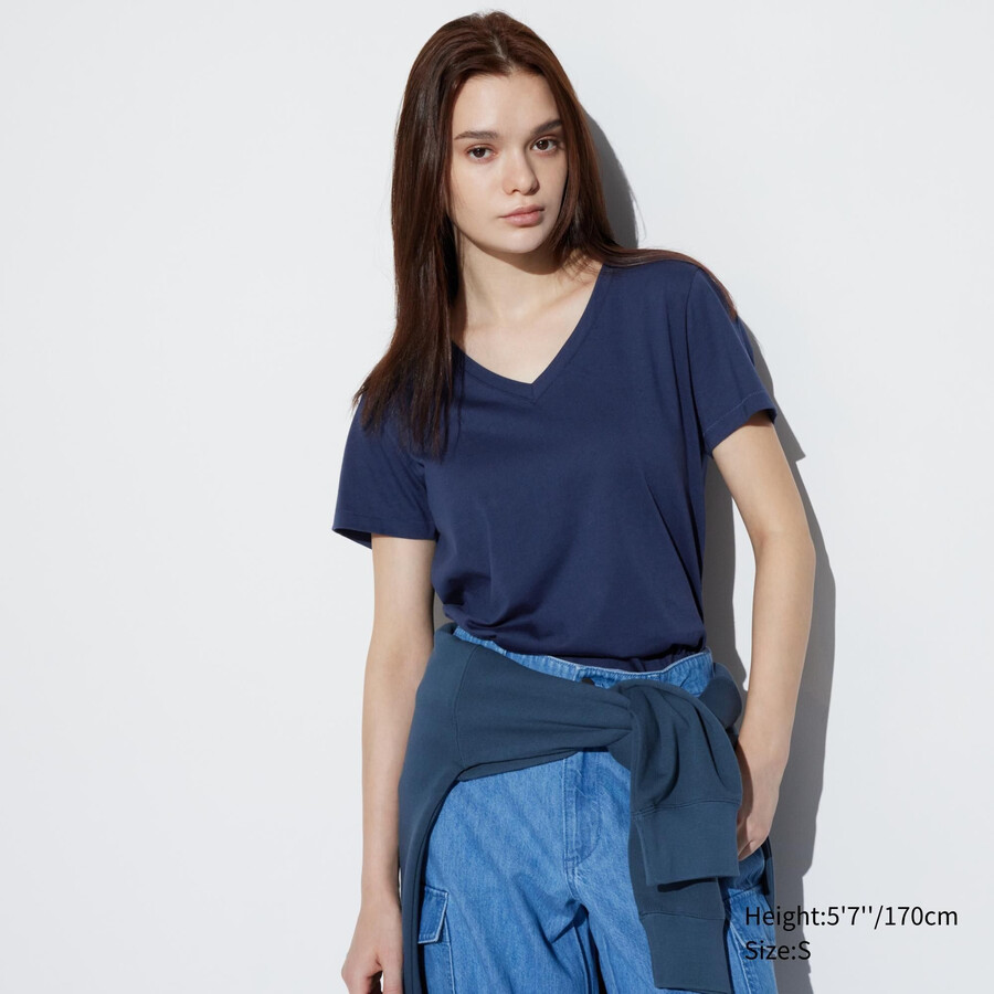 magliette da donna uniqlo blu in cotone supima 100 con scollo a v e maniche lunghe