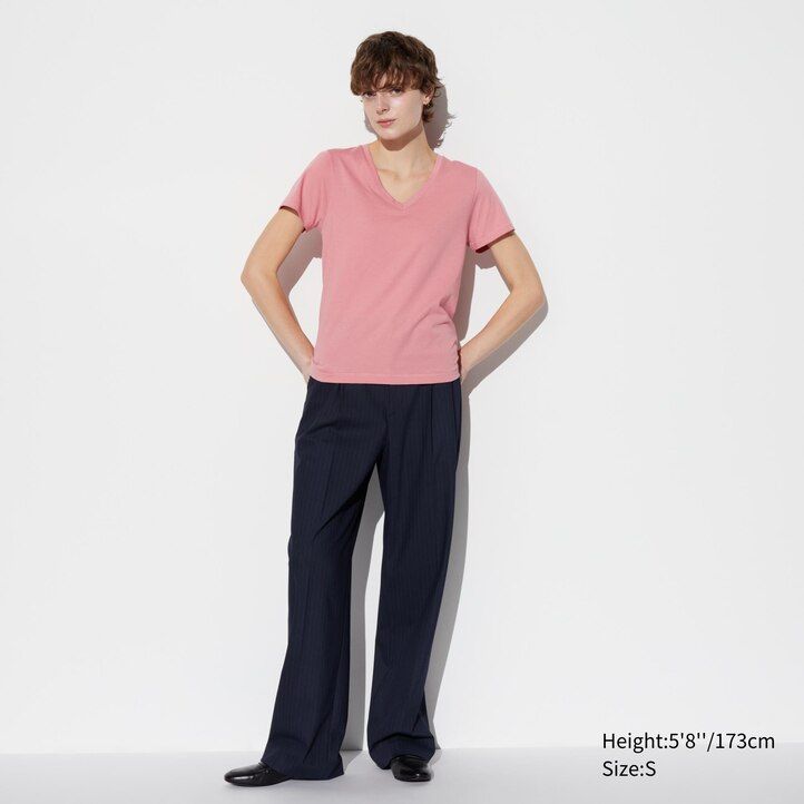 magliette da donna uniqlo blu in cotone supima 100 con scollo a v e maniche lunghe