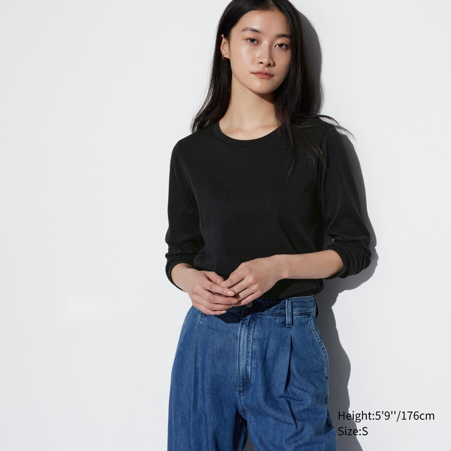 t-shirt da donna uniqlo smooth cotton stretch con scollo rotondo e maniche lunghe nere