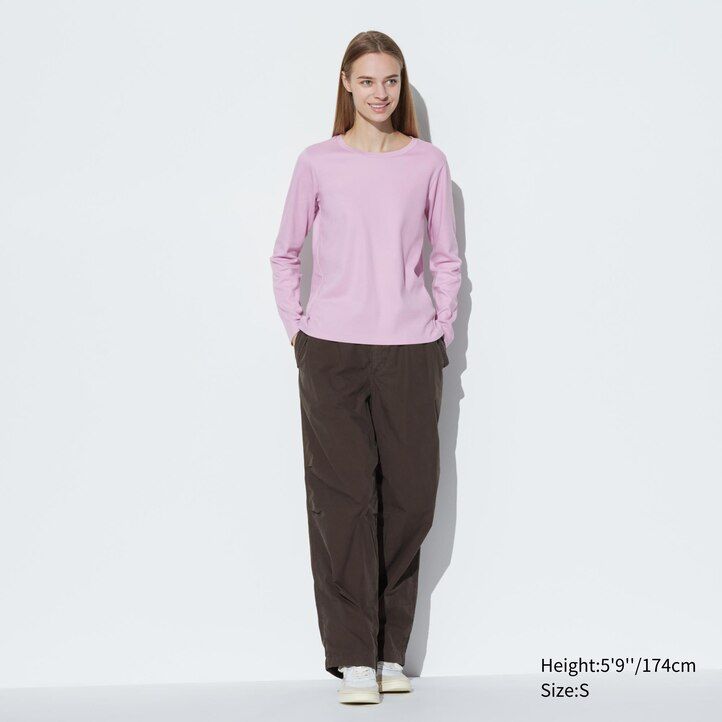 t-shirt da donna uniqlo smooth cotton stretch con scollo rotondo e maniche lunghe nere