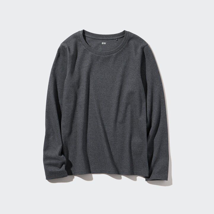 t-shirt da donna uniqlo smooth cotton stretch con scollo rotondo e maniche lunghe nere