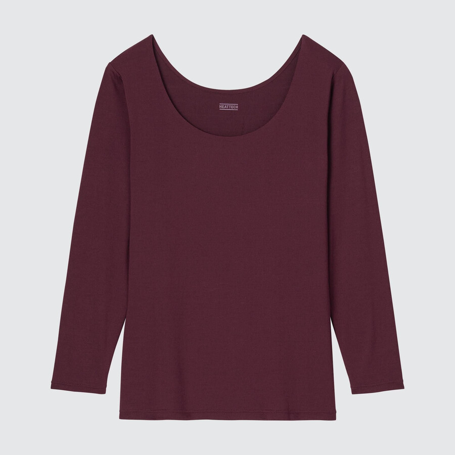 magliette termiche da donna uniqlo heattech con scollo a barchetta e maniche color bordeaux