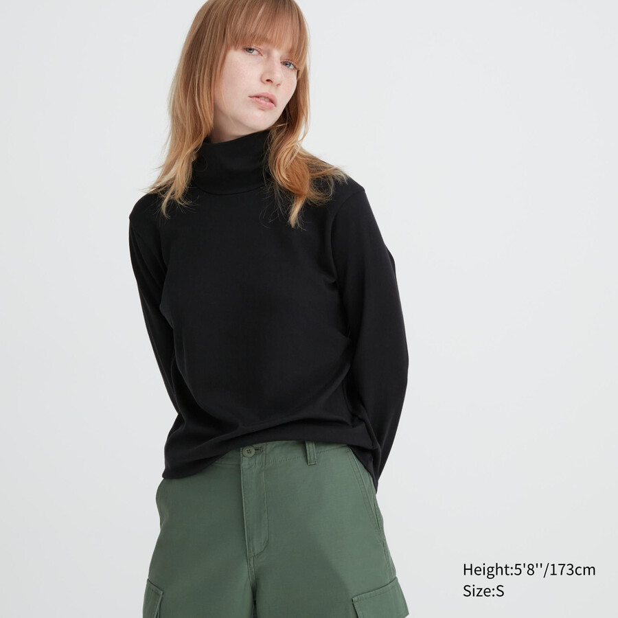 magliette a maniche lunghe elasticizzate in cotone liscio uniqlo da donna nere
