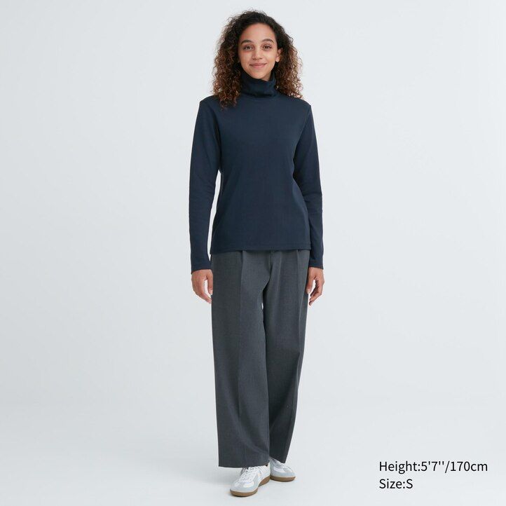 magliette a maniche lunghe elasticizzate in cotone liscio uniqlo da donna nere
