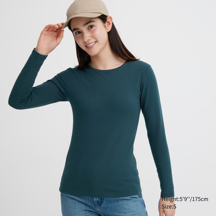 magliette termiche da donna uniqlo heattech extra warm cotton con scollo rotondo e maniche lunghe colore verde scuro
