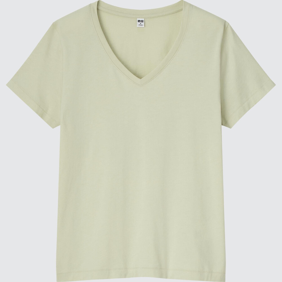 t-shirt da donna uniqlo 100 cotone supima con scollo a v colore verde chiaro