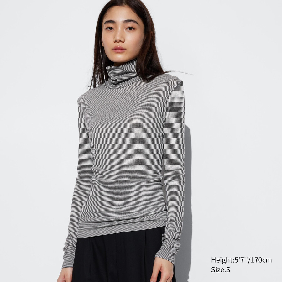 magliette termiche da donna uniqlo heattech extra warm senza cuciture a righe e a coste con maniche lunghe bianche