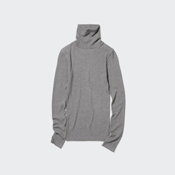 magliette termiche da donna uniqlo heattech extra warm senza cuciture a righe e a coste con maniche lunghe bianche