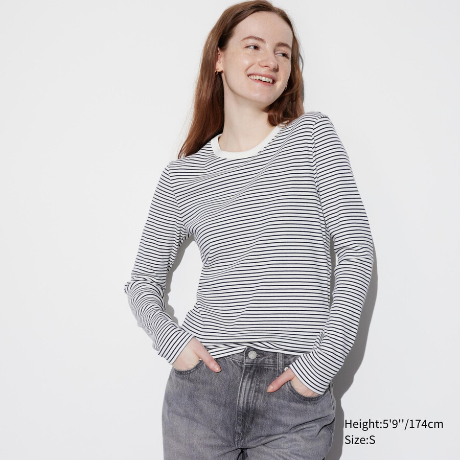 magliette da donna uniqlo bianche a maniche lunghe con scollo rotondo e righe a coste morbide