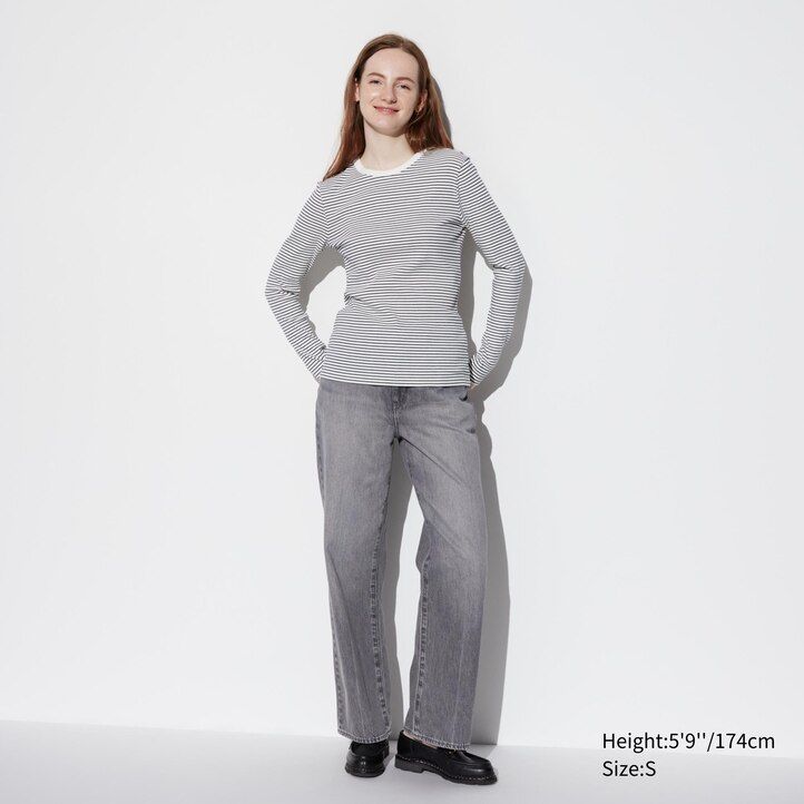 magliette da donna uniqlo bianche a maniche lunghe con scollo rotondo e righe a coste morbide