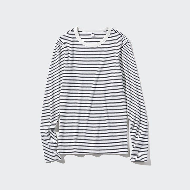 magliette da donna uniqlo bianche a maniche lunghe con scollo rotondo e righe a coste morbide