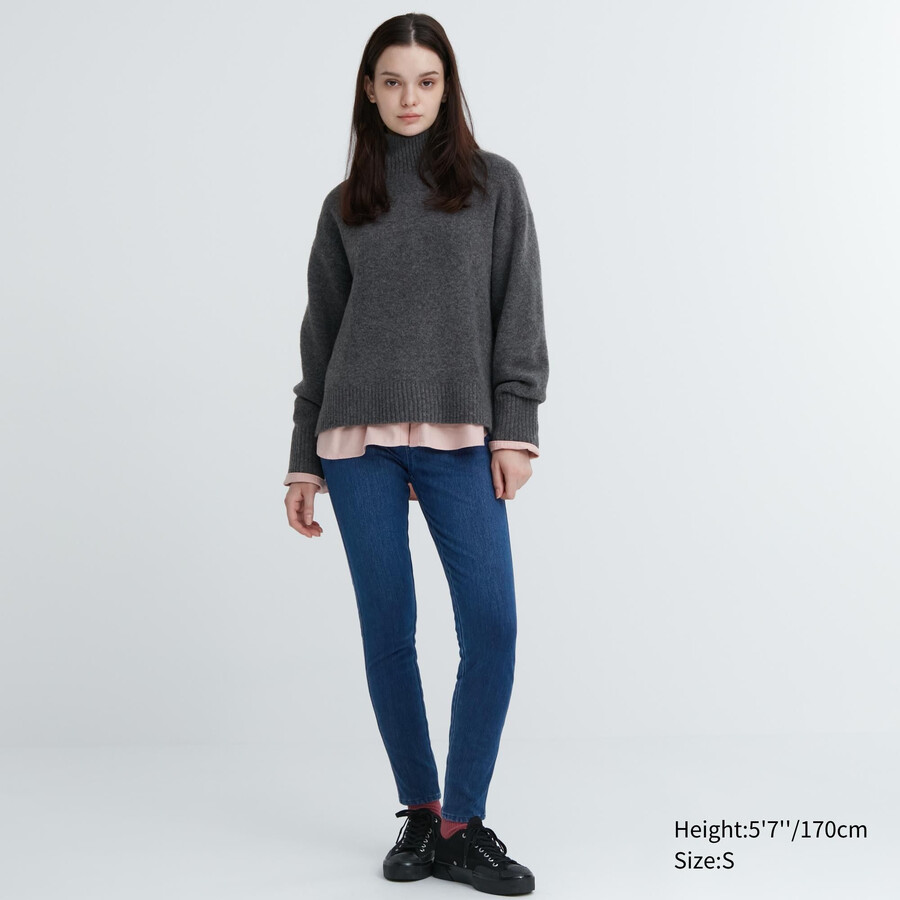 top a vita alta in denim ultra elasticizzato heattech uniqlo da donna blu