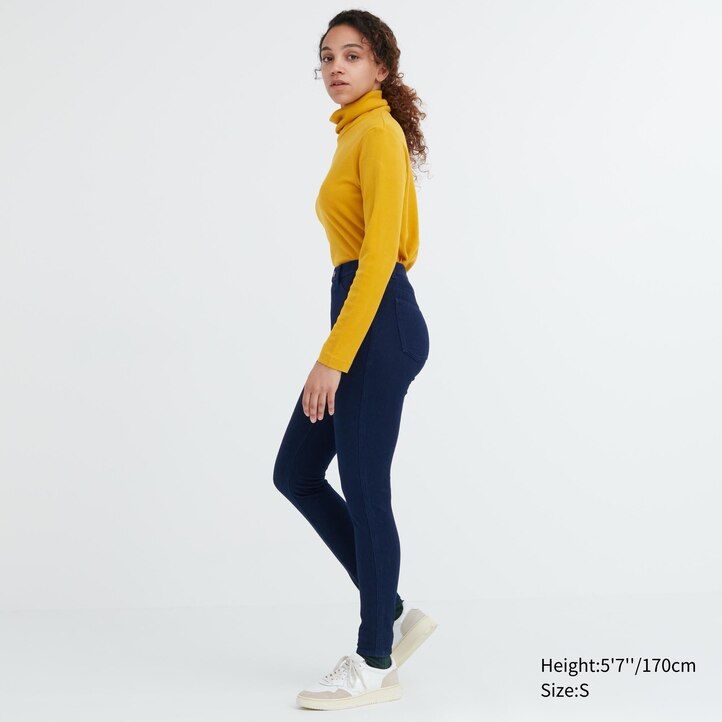 top a vita alta in denim ultra elasticizzato heattech uniqlo da donna blu