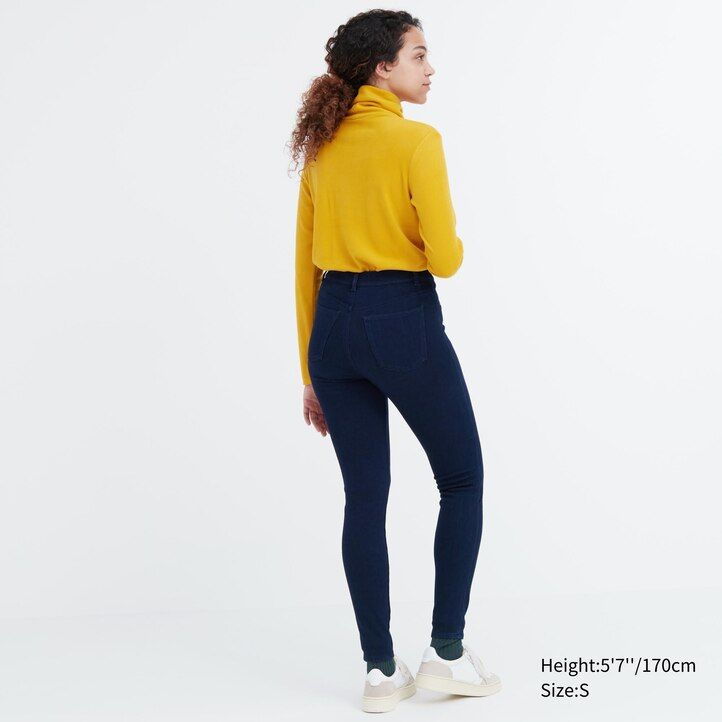 top a vita alta in denim ultra elasticizzato heattech uniqlo da donna blu