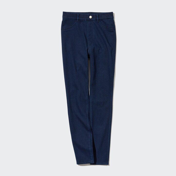 top a vita alta in denim ultra elasticizzato heattech uniqlo da donna blu