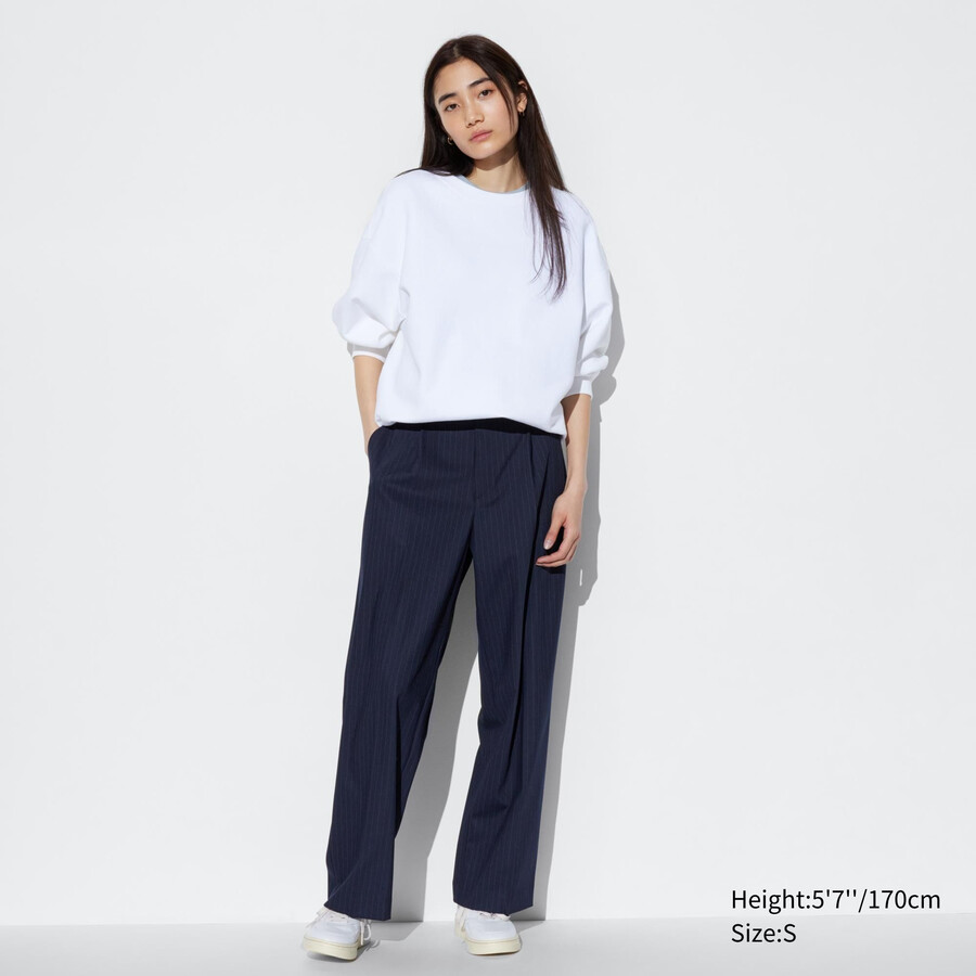 top a righe con gamba larga e plissettate da donna uniqlo blu navy