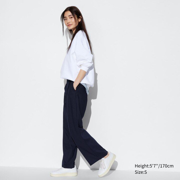top a righe con gamba larga e plissettate da donna uniqlo blu navy
