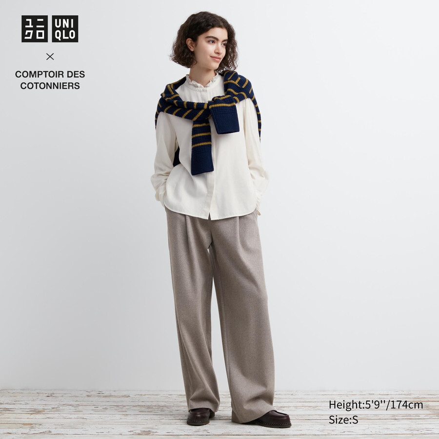 top da donna uniqlo in jersey spazzolato con pieghe a gamba larga beige