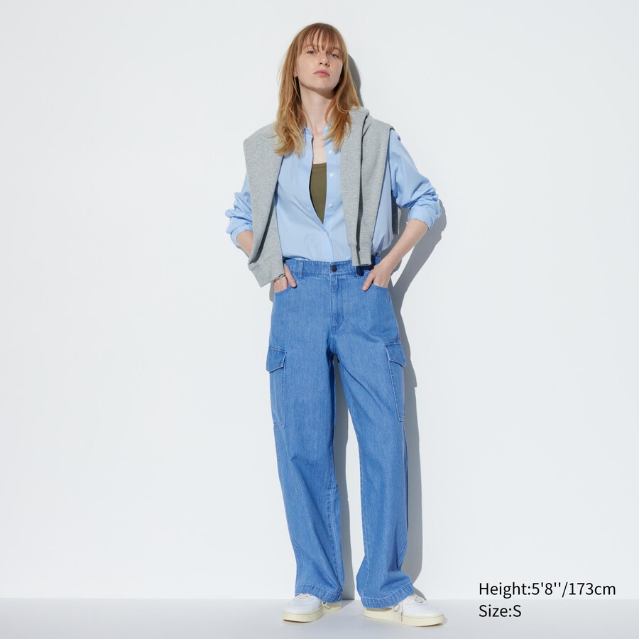 top da donna uniqlo in denim blu con taglio dritto e largo