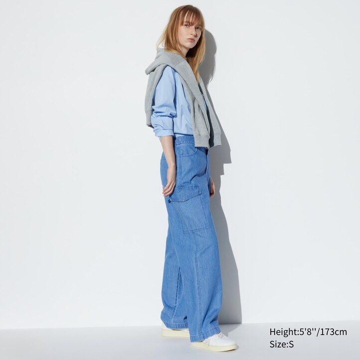top da donna uniqlo in denim blu con taglio dritto e largo