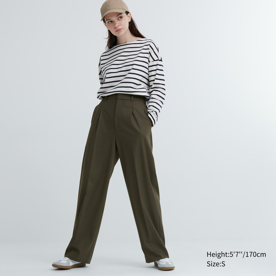 top a gamba larga plissettato uniqlo da donna colore oliva