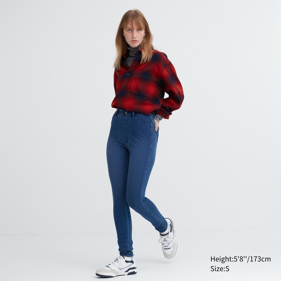 top a vita alta in denim ultra elasticizzato heattech uniqlo da donna blu