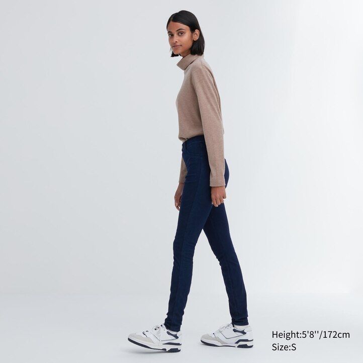 top a vita alta in denim ultra elasticizzato heattech uniqlo da donna blu