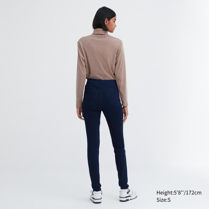top a vita alta in denim ultra elasticizzato heattech uniqlo da donna blu