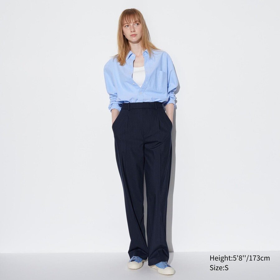top a righe con gamba larga e plissettate da donna uniqlo blu navy