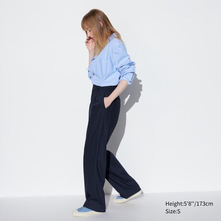 top a righe con gamba larga e plissettate da donna uniqlo blu navy