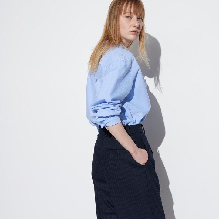 top a righe con gamba larga e plissettate da donna uniqlo blu navy