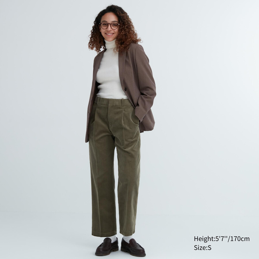 top a gamba larga plissettati in velluto a coste uniqlo da donna colore oliva