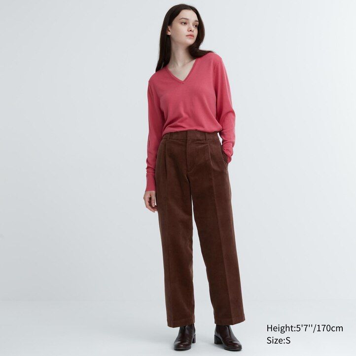 top a gamba larga plissettati in velluto a coste uniqlo da donna colore oliva