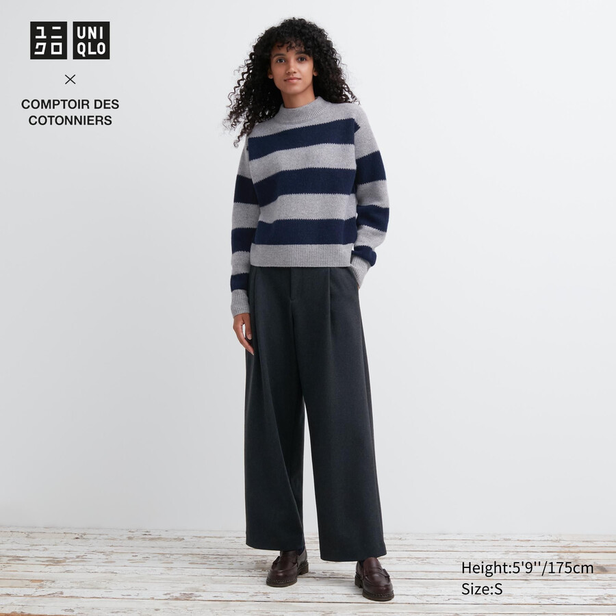top da donna uniqlo in jersey spazzolato grigio scuro con gamba larga e plissettature